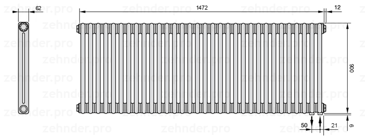 Схема (чертеж) Радиатор Zehnder Charleston 2090/32 №5510 Белый глянцевый RAL 9016